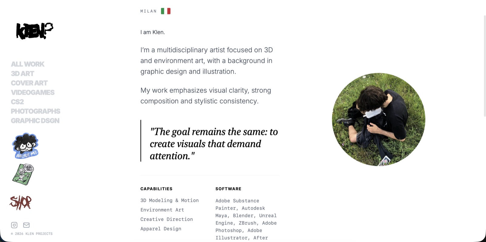 Pagina about di klen.graphics: presentazione di Klen, artista multidisciplinare di Milano, con competenze, software e ritratto.