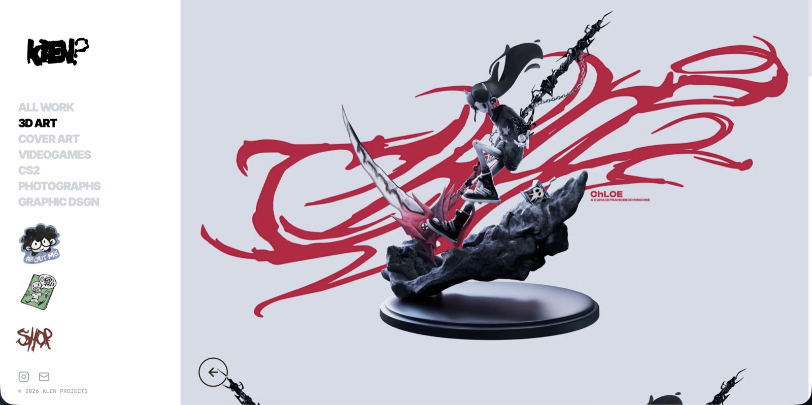 Sezione 3D art del portfolio di Klen: la statuetta del personaggio Chloe in 3D su fondo chiaro, attraversata da una grande calligrafia rossa.