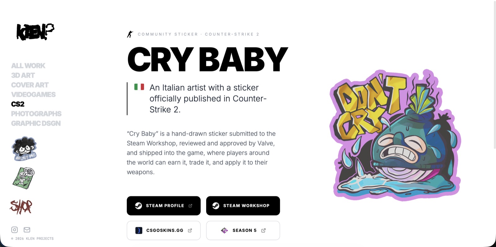 Pagina progetto dello sticker Cry Baby di Klen, pubblicato ufficialmente in Counter-Strike 2, con i pulsanti verso Steam e il Workshop.
