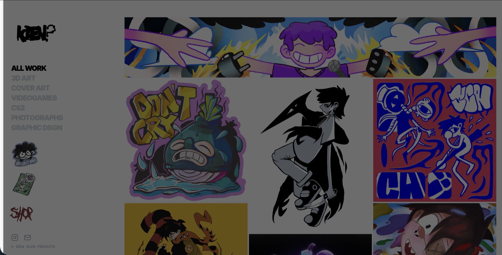 Homepage del portfolio klen.graphics con la galleria di illustrazioni di Klen