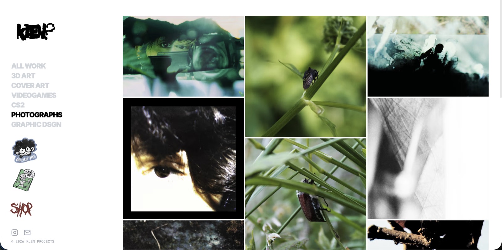 Sezione fotografie del portfolio di Klen: scatti analogici e macro naturalistiche presentati in una griglia pulita su fondo bianco.