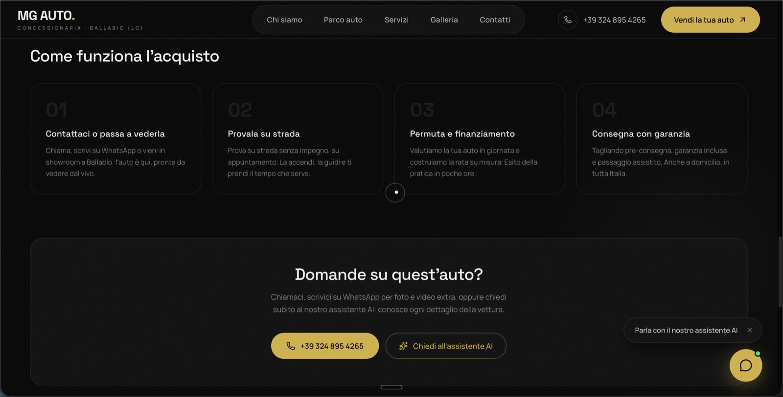 Sezione “Come funziona l’acquisto” del sito MG Auto: quattro passi dal contatto alla consegna con garanzia, con l’invito a chiedere all’assistente AI.