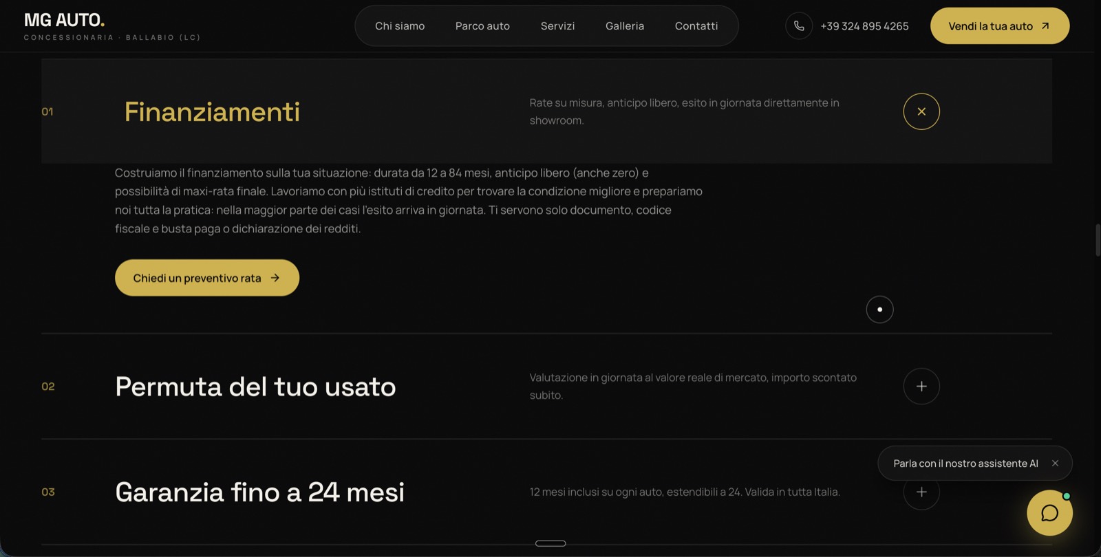 Pagina servizi del sito MG Auto: finanziamenti su misura, permuta dell’usato al valore di mercato e garanzia fino a 24 mesi.