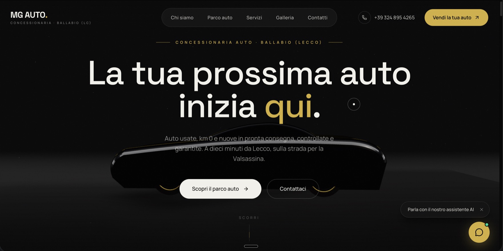 Homepage del sito MG Auto Ballabio con l’auto in 3D renderizzata nel browser