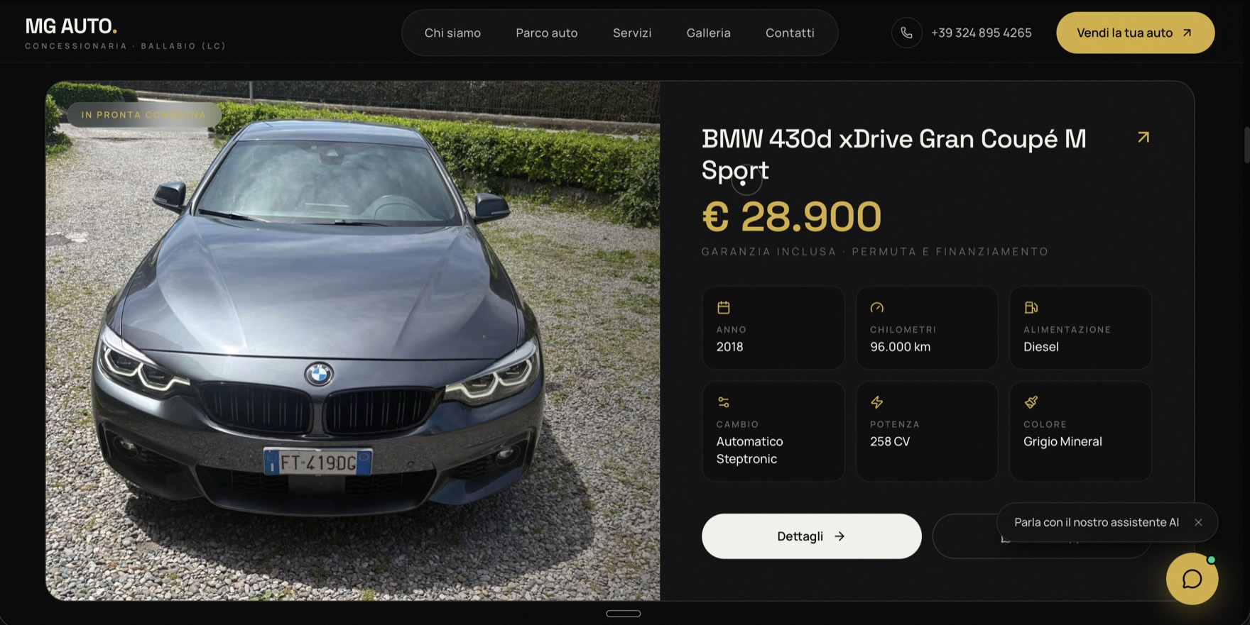 Scheda vettura del sito MG Auto: BMW 430d xDrive Gran Coupé M Sport a 28.900 euro, con griglia di dati su anno, chilometri, alimentazione, cambio, potenza e colore.