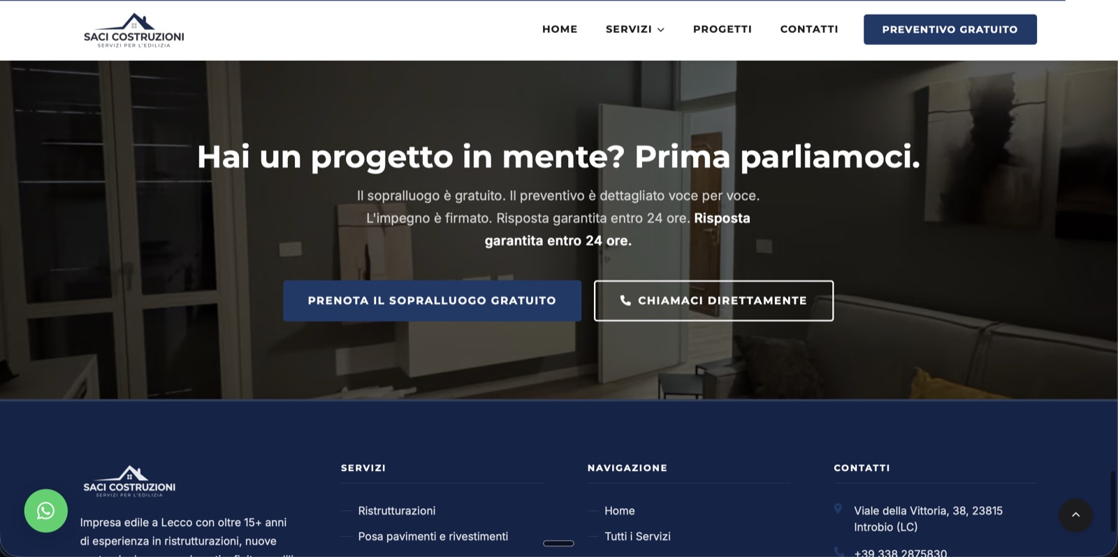 Sezione contatti del sito Saci Costruzioni: invito “Hai un progetto in mente? Prima parliamoci” con i pulsanti per prenotare il sopralluogo gratuito.