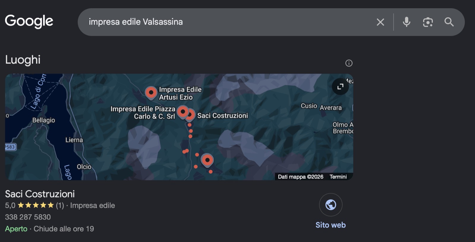 Risultati di Google per la ricerca “impresa edile Valsassina”: Saci Costruzioni compare nel pacchetto locale con valutazione 5,0 stelle.