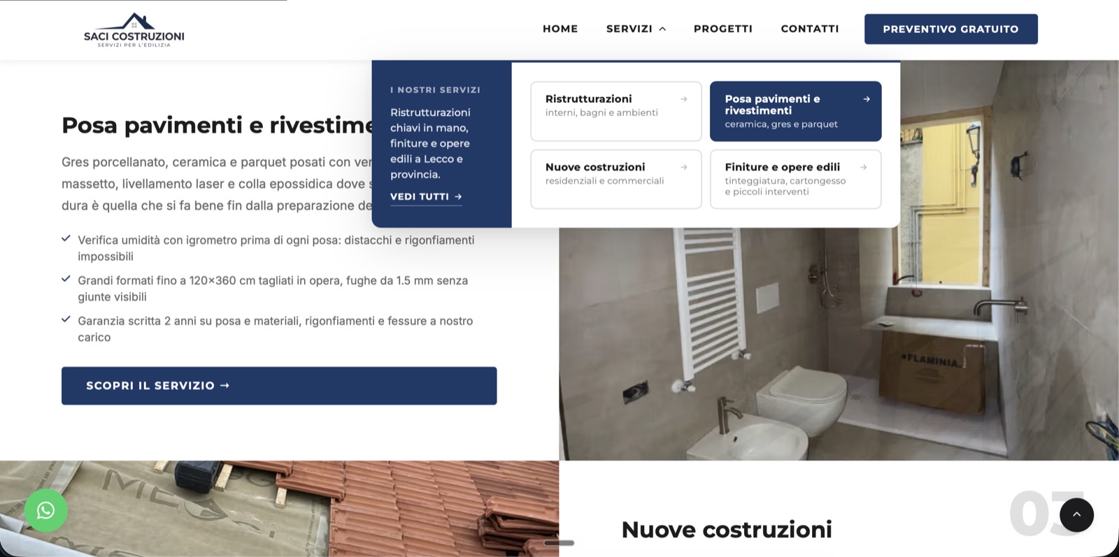 Sezione servizi del sito Saci Costruzioni: la scheda “Posa pavimenti e rivestimenti” con il menu dei servizi aperto su ristrutturazioni, nuove costruzioni e finiture.