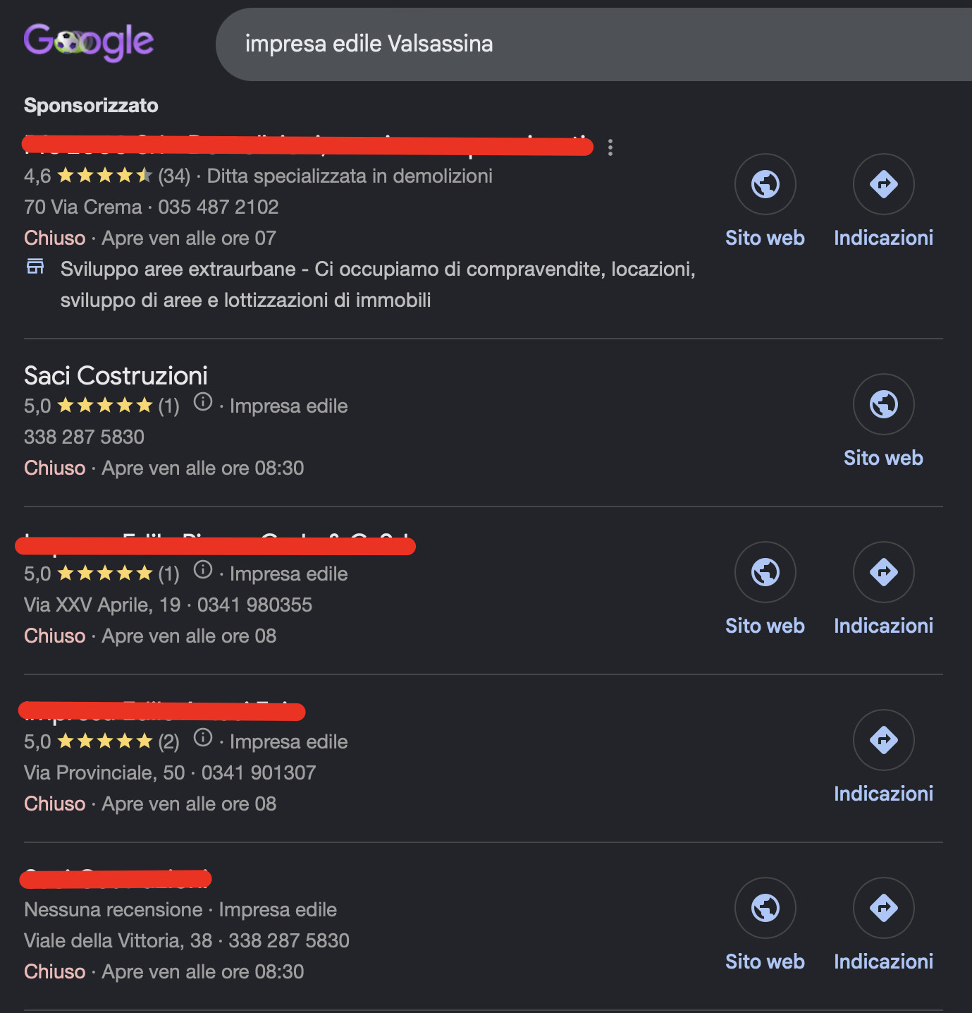Risultati di Google per la ricerca “impresa edile Valsassina”: Saci Costruzioni è il primo risultato organico del pacchetto locale, con valutazione 5,0 stelle.